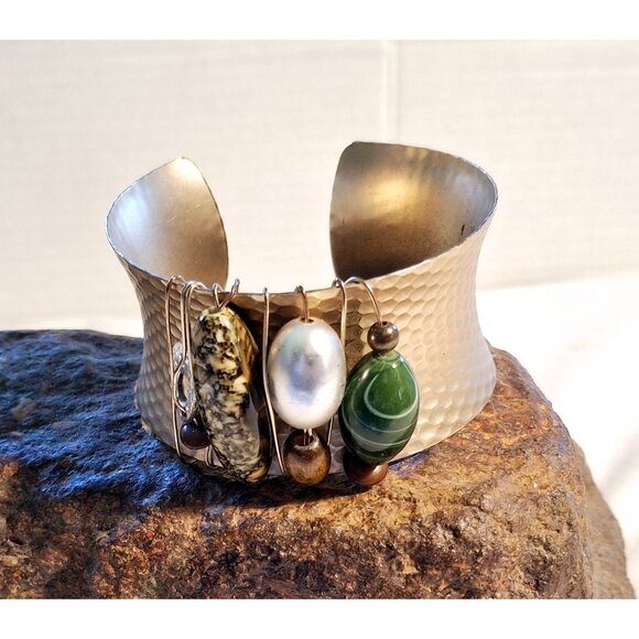Hammered Gold-Tone Cuff Bracelet With Gemstone Bead Accents - Picture 3 of 6